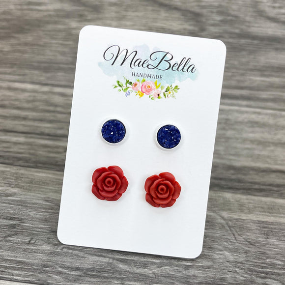 Red Rose, White & Blue Stud Earring Set Patriotic