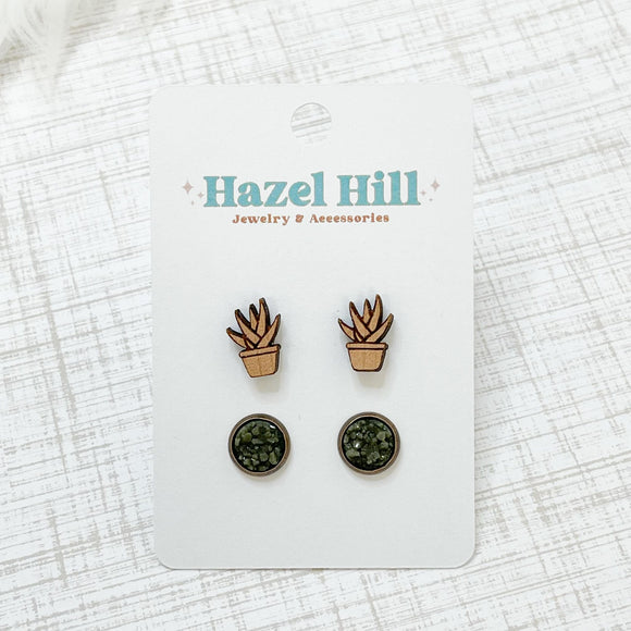 Wood Laser Engraved Potted Plant Duo Stud Earring Set