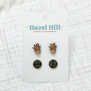 Wood Laser Engraved Potted Plant Duo Stud Earring Set