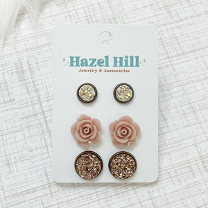 Roses and Druzy Stud Earring Set